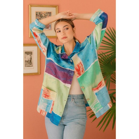 Ali Miles Linen Blend Abstract Colorblock Jacket Top Womens Medium - Picture 1 of 10